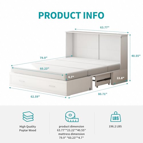 BALUS Murphy Cabinet Bed Queen with Charging Station, Tri-fold Memory Mattress, Storage Drawers, White Y6917