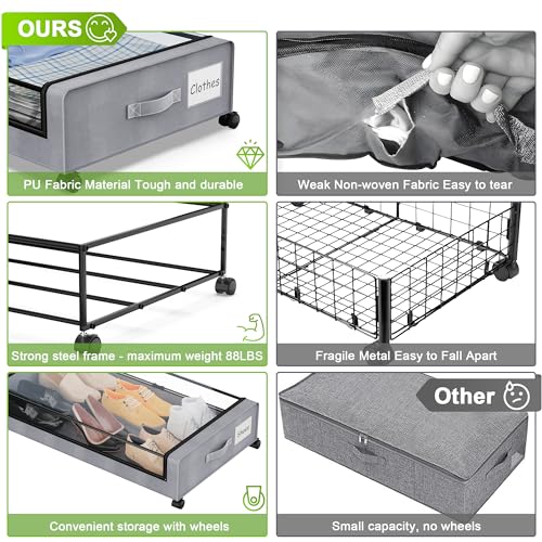 Under Bed Storage with Wheels, 2-Pack Rolling Metal Drawer, Black D42977