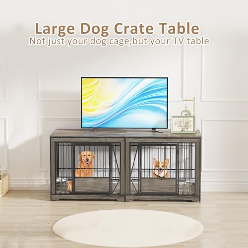 86 in Double Dog Crate Furniture with Divider, Heavy Duty Wooden Kennel for Large Dogs, Brown P52672
