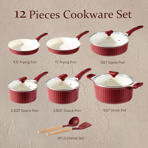 CAROTE 12pcs Pots and Pans Set Non Stick Granite Cookware, Dark Red A382831