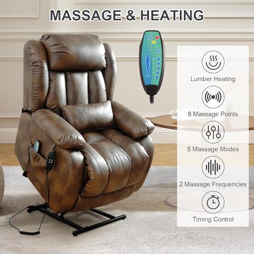 EDILLY Genuine Leather Power Lift Recliner Chair with Massage and Heating, Brown C901