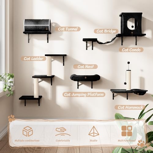 NUNU LAB Wall Mounted Cat Furniture, 7 Pcs Cat Wall Shelves with House, Gray T582052