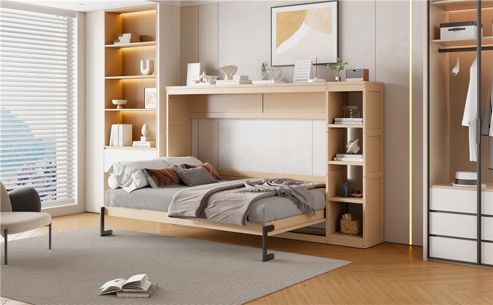 Murphy Cabinet Bed Frame with Charging Station, Full-Size Foldable Wall Bed Z526