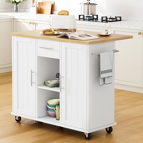 Shintenchi Kitchen Island with Drop Leaf, Rolling Cart with Storage, White T972