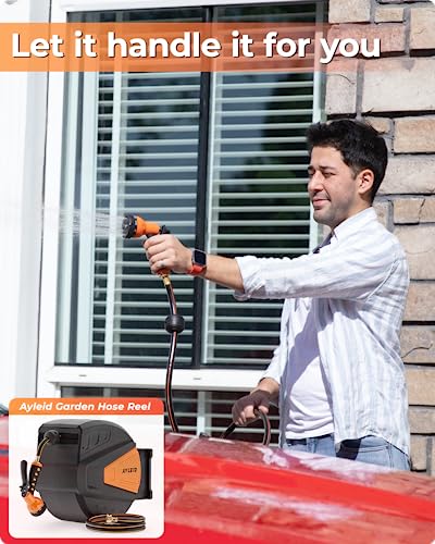 Ayleid Retractable Garden Hose Reel, 1/2 in x 100 ft, Wall Mounted, Grey Q139915