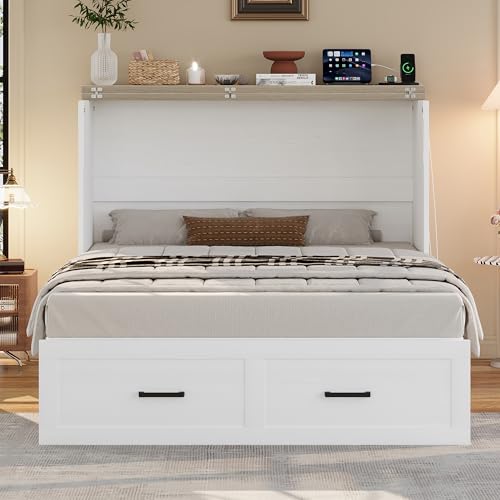 Murphy Cabinet Bed Frame with Charging Station, Full-Size Foldable Wall Bed Z526
