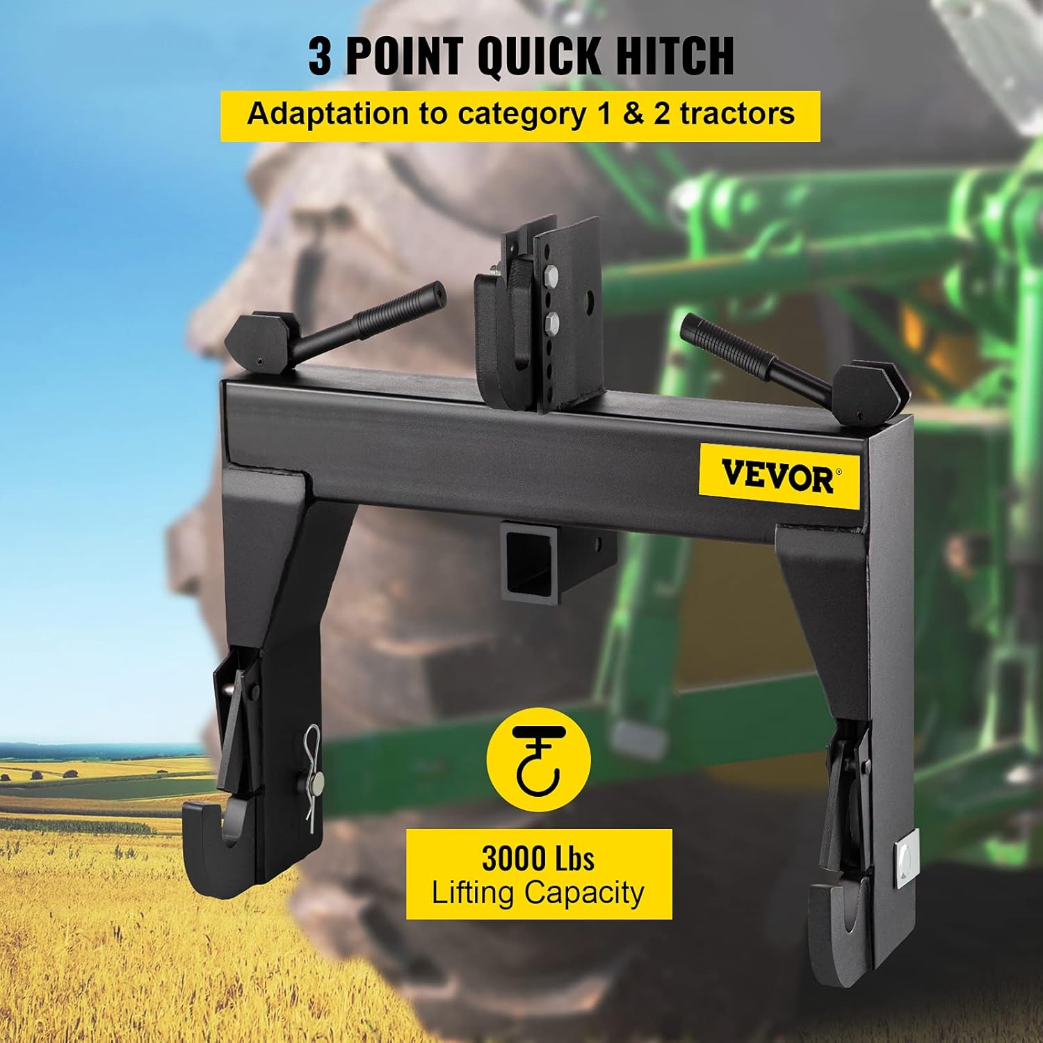 VEVOR 3-Point Quick Hitch, 3000 LBS Lifting Capacity, Category 1 & 2 Tractor Attachment U6583