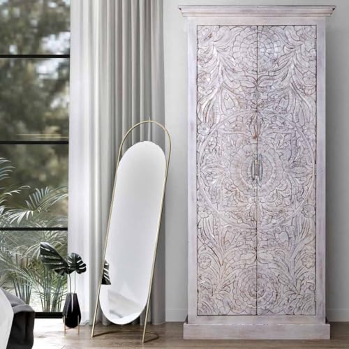Shabby Chic White Carved Wardrobe - Solid Wood, 35.2" W x 23.4" D x 74.6" H Inches,Solid Wood Wardrobe,White Armoire