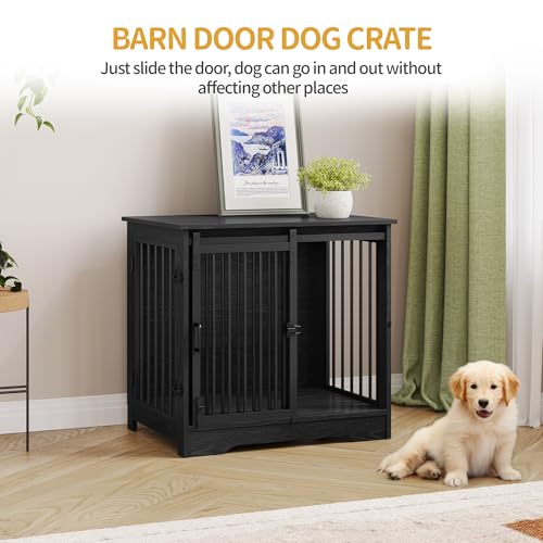 Dog Crate Furniture with Barn Door for Small Medium Dogs, Rustic Brown P911