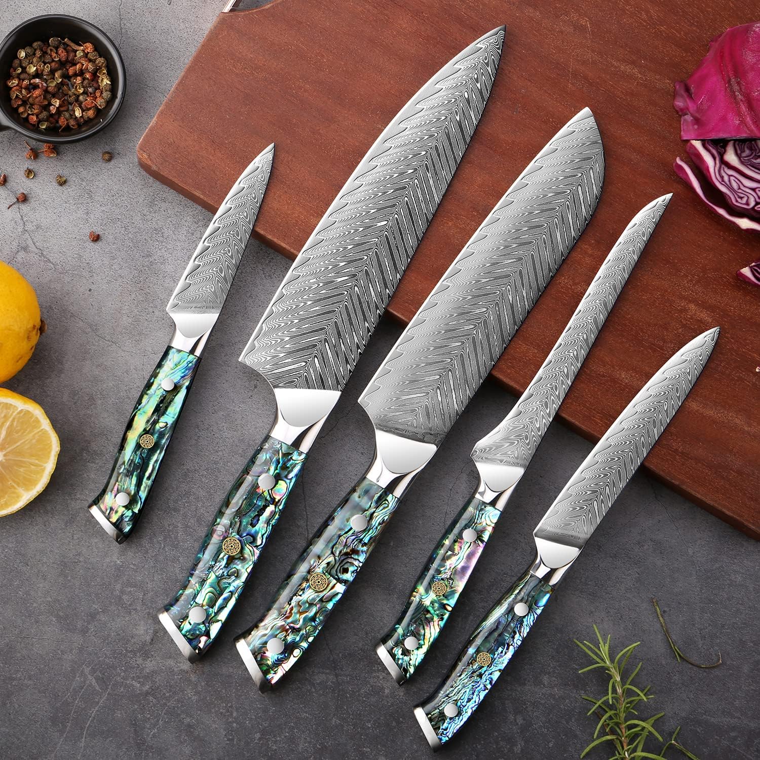 SENKEN 5-Piece Damascus Steel Knife Set with Walnut Magnetic Knife Block H191