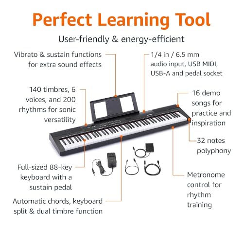 Amazon Basics Electric Keyboard 88-Keys Semi-Weighted Digital Piano with Sustain Pedal, Black H295585