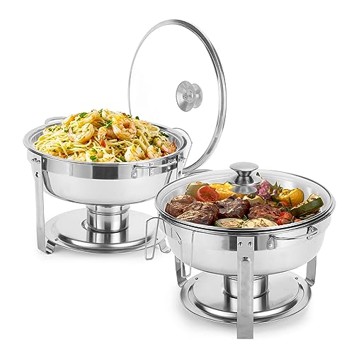 5 Qt Chafing Dish Buffet Set with Visible Glass Lid and Holder, Round Chafers and Buffet Warmers Sets with Food and Water Trays for Catering, Parties and Weddings, 2 Pack, Gold