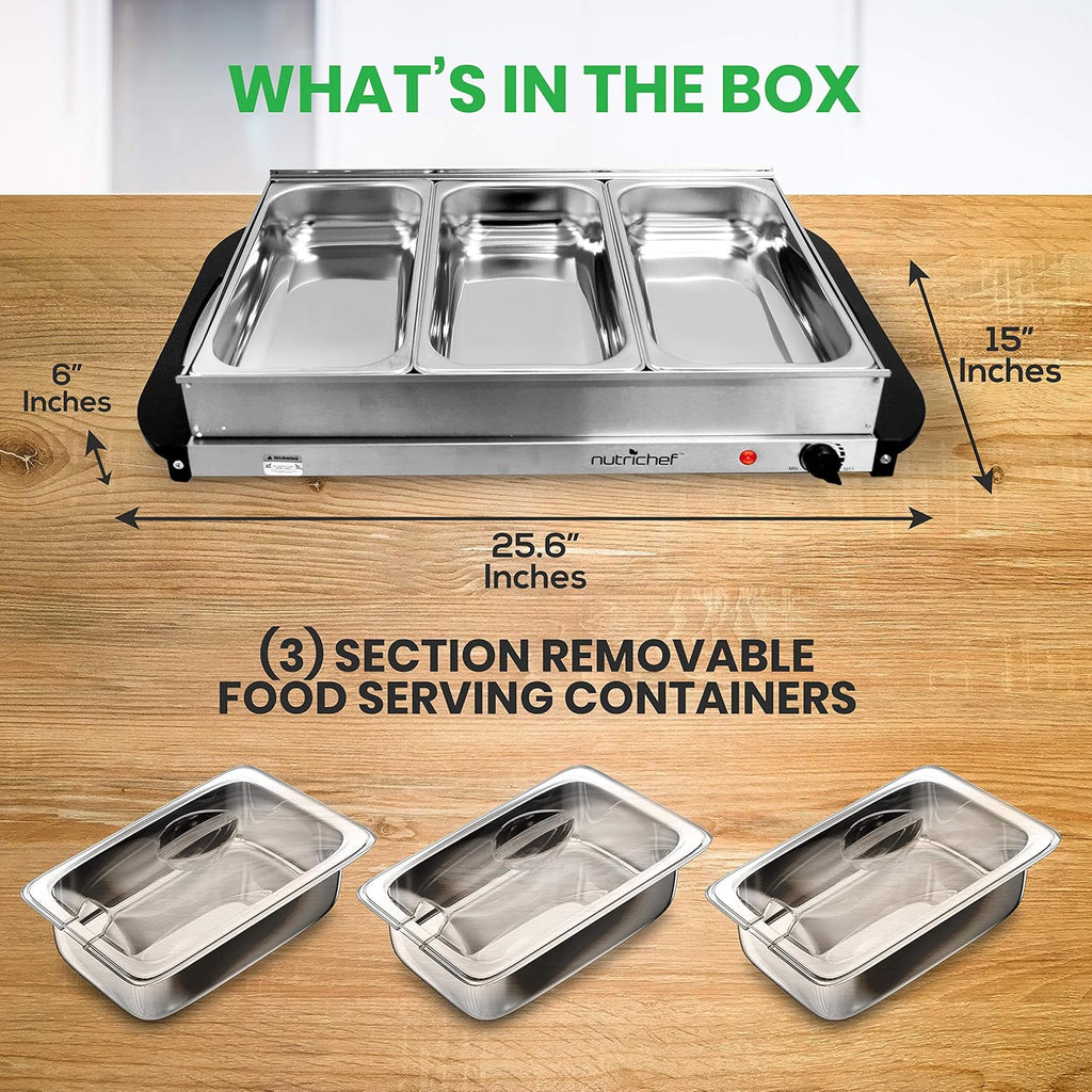 Nutrichef Professional Stainless Steel Buffet Warmer Server with 3 Trays H1181