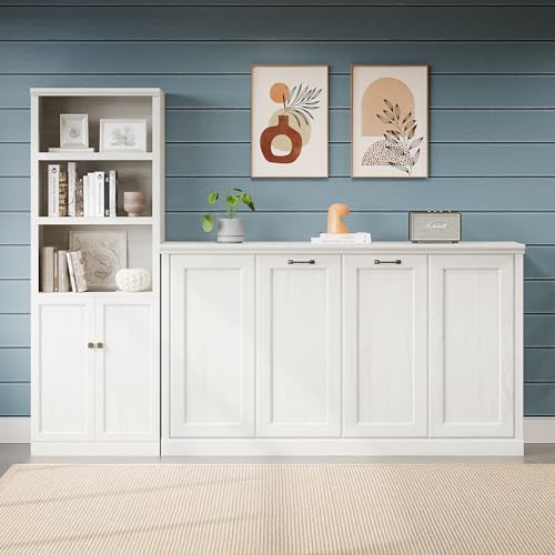 Merax Twin Murphy Bed with Storage Bookshelf and USB Charging, Rustic White U191604