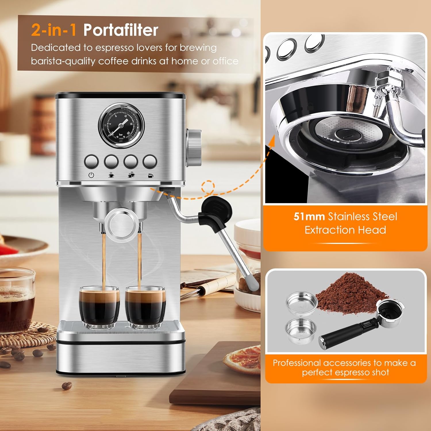 Sparkfire Espresso Machine 20 Bar Stainless Steel with Milk Frother K871515