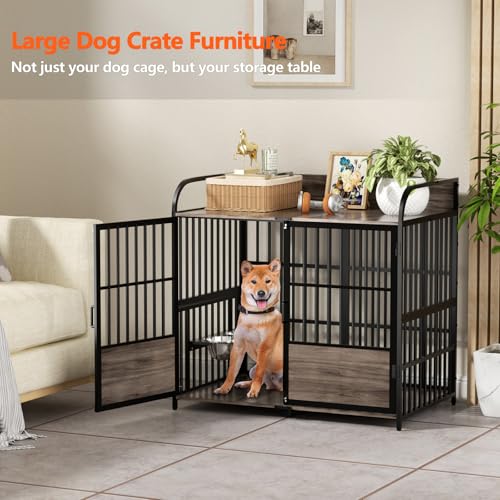 86 in Double Dog Crate Furniture with Divider, Heavy Duty Wooden Kennel for Large Dogs, Brown P52672