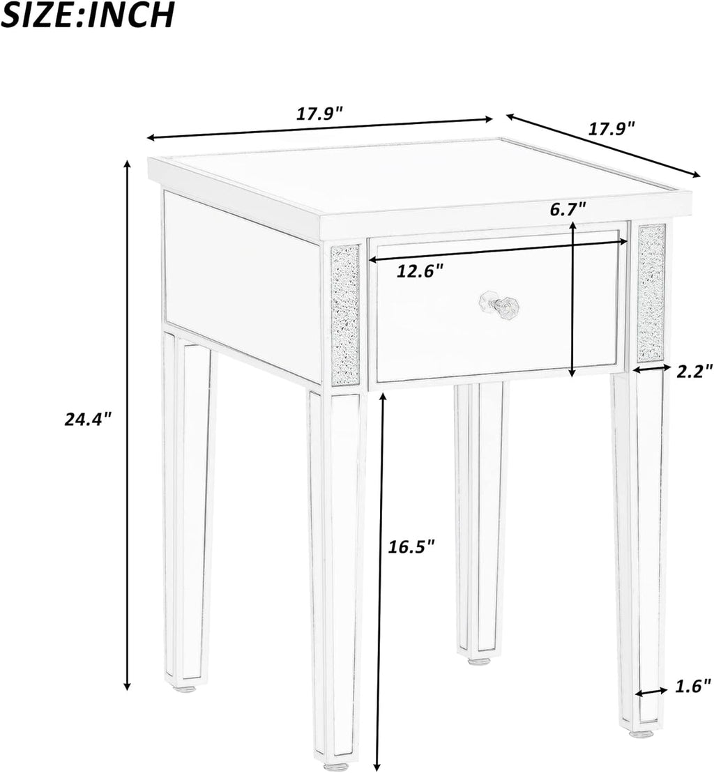 Modern Glass Mirrored End Table with Drawer, Silver V735