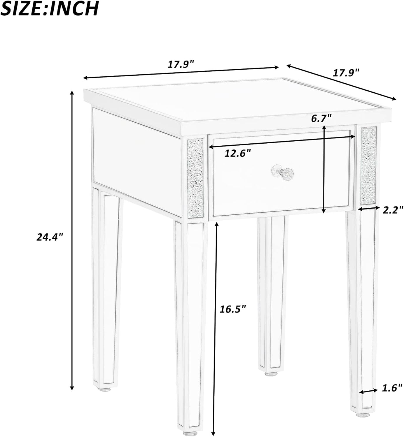 Modern Glass Mirrored End Table with Drawer, Silver V735