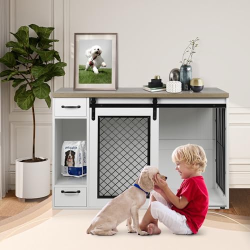 Extra Large Dog Crate Furniture 85" Sliding Door Double Kennel for 2 Large Dogs, White N35378