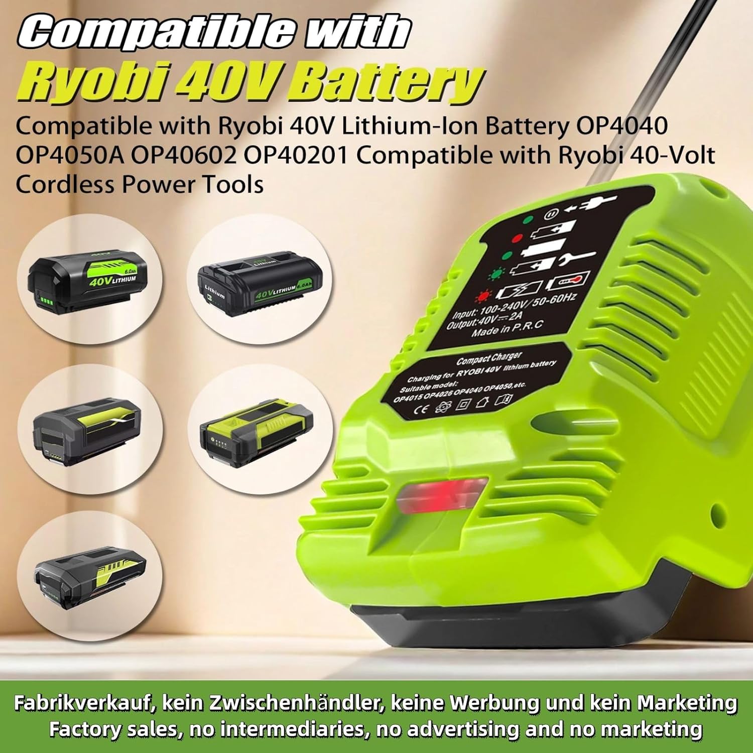 Ryobi 40V Battery Charger OP401 Compatible OP4040 OP4050 OP4050A OP40601 OP4026 A743