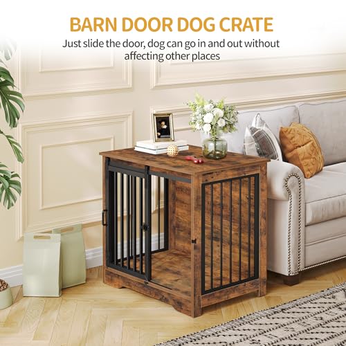 Dog Crate Furniture with Barn Door for Small Medium Dogs, Rustic Brown P911