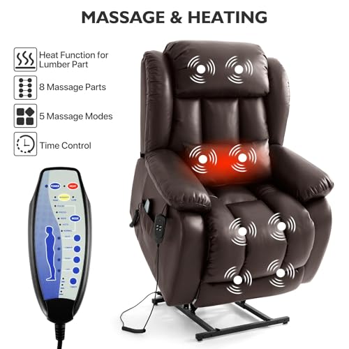 EDILLY Genuine Leather Power Lift Recliner Chair with Massage and Heating, Brown C901