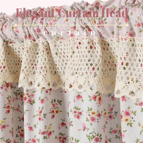 Farmhouse Cotton Linen Tier Curtain 36 Inch Floral Lace Window Treatment, Beige, 1 Panel Y267100