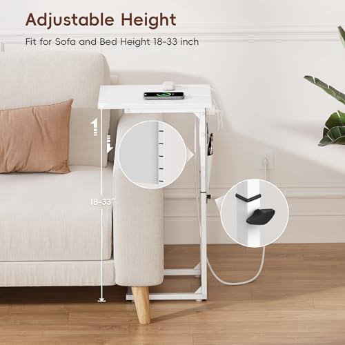 Vagusicc C Shaped End Table with Charging Station, Adjustable Height, Brown C747005