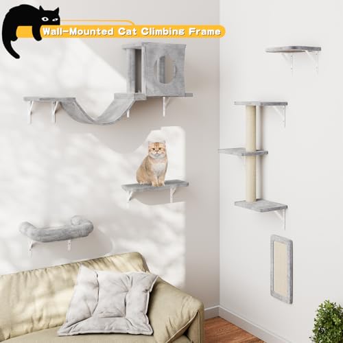 NUNU LAB Wall Mounted Cat Furniture, 7 Pcs Cat Wall Shelves with House, Gray T582052