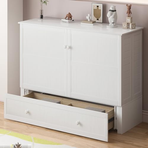 PUREMIND Murphy Bed Cabinet with Mattress, Queen Wallbed with 2 Storage Drawers and USB Charging G406357