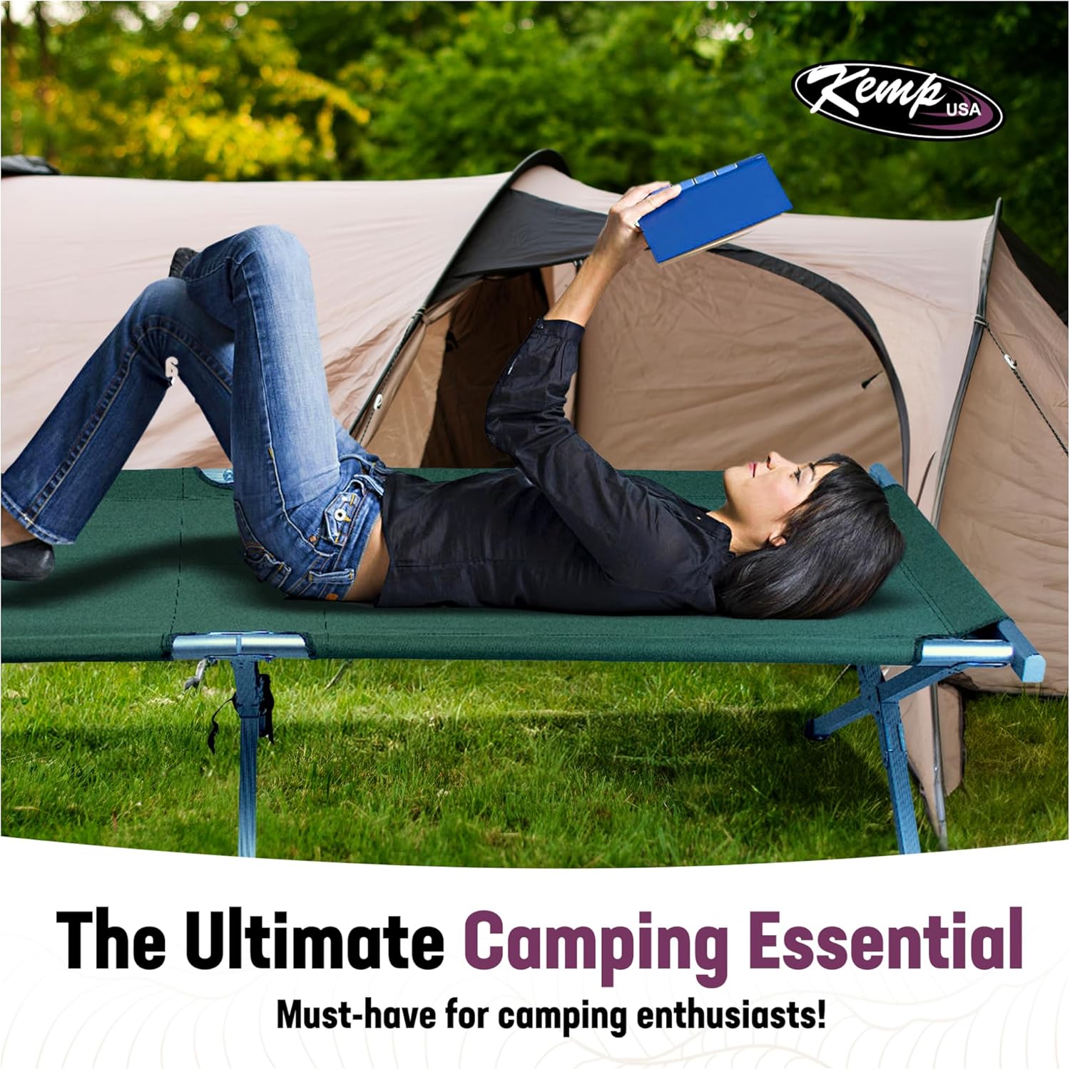 Kemp USA Green Military-Style Camping Bed, Lightweight Aluminum Cot for Adults, Foldable, Holds 250 LBS M118251