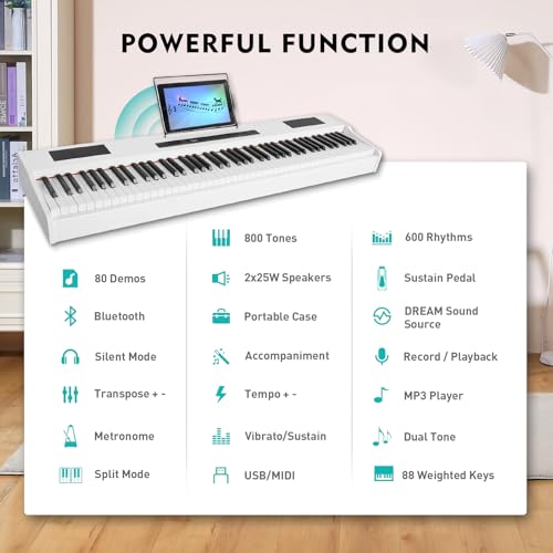 MUSTAR MDP-1200 Digital Piano 88 Key Weighted Hammer Action Keyboard with Stand, Pedal, Case, Black H320
