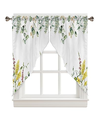 Spring Floral Swag Valances for Windows, Kitchen Window Curtains Over Sink, Weeping Eucalyptus Leaves Botanical Summer Flowers Window Treatment Curtains for Living Room 2 Panel Sets 36"x45"