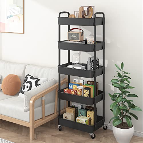 Sywhitta 3-Tier Plastic Rolling Utility Cart with Handle, Black F220270