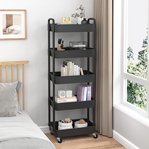 Sywhitta 3-Tier Plastic Rolling Utility Cart with Handle, Black F220270
