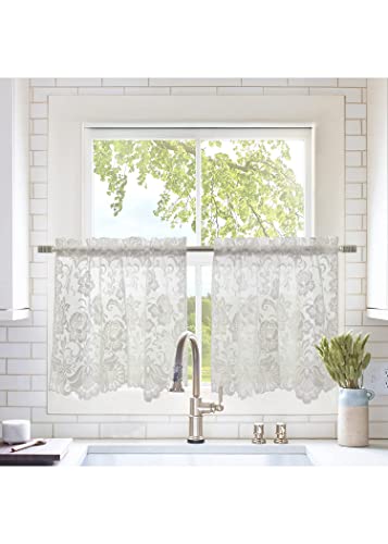 Louis Embroidered Floral Lace Window Curtain Swag Pair 72" x 32" in Ivory