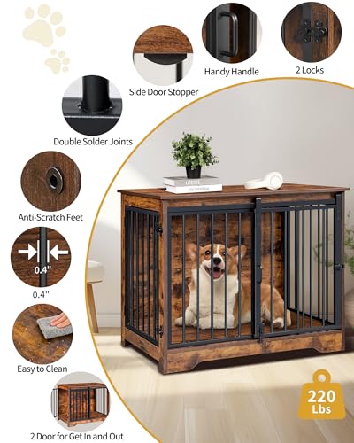 Dog Crate Furniture with Barn Door for Small Medium Dogs, Rustic Brown P911