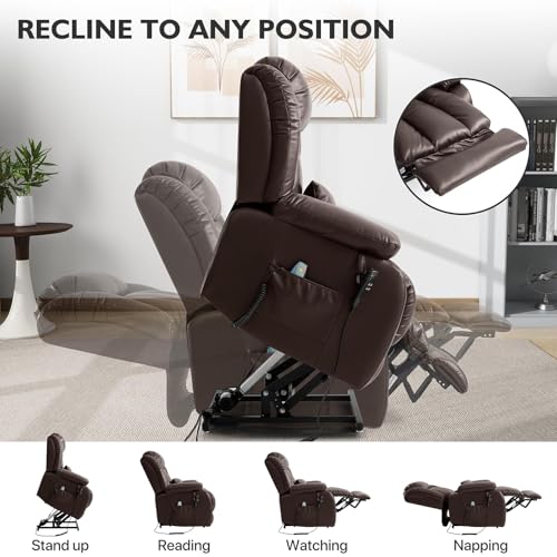 EDILLY Genuine Leather Power Lift Recliner Chair with Massage and Heating, Brown C901