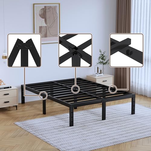 Full Metal Bed Frame 14 Inch Tall Heavy Duty Black Steel Slats Platform J736200