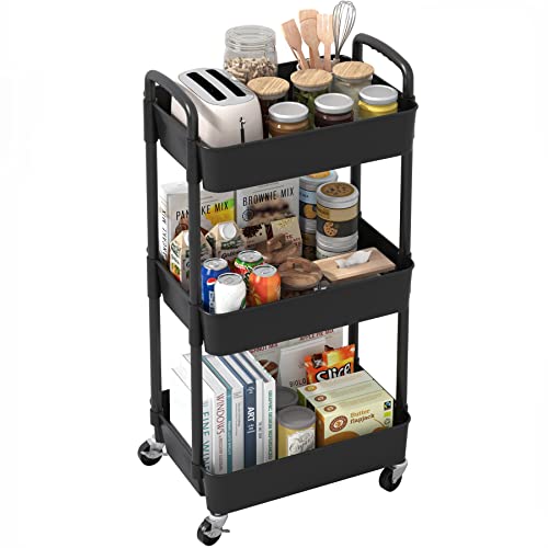 Sywhitta 3-Tier Plastic Rolling Utility Cart with Handle, Black F220270