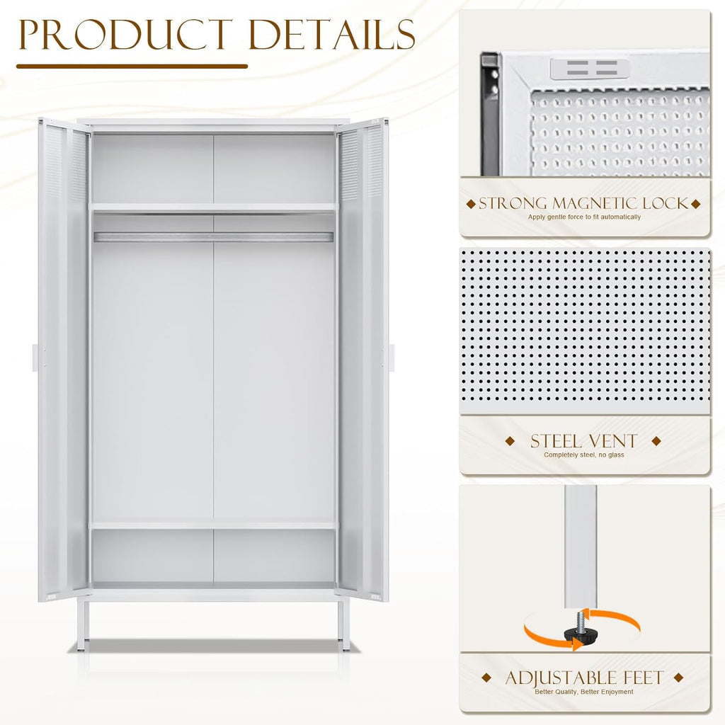 Steel Wardrobe Metal Storage Cabinet with Adjustable Shelf and Hanging Rods F53880