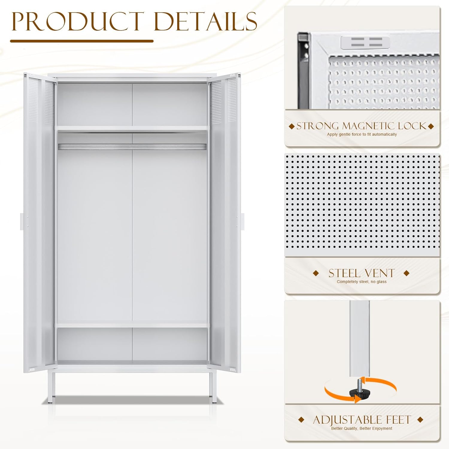 Steel Wardrobe Metal Storage Cabinet with Adjustable Shelf and Hanging Rods F53880