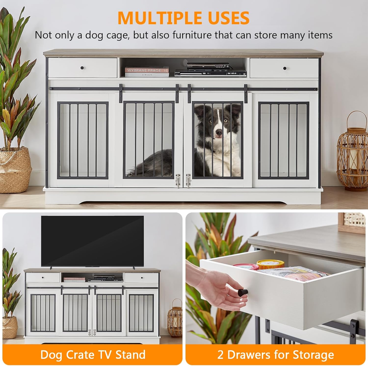 3-in-1 66.1 Inch Double Dog Crate Furniture for Large Dogs, White F911