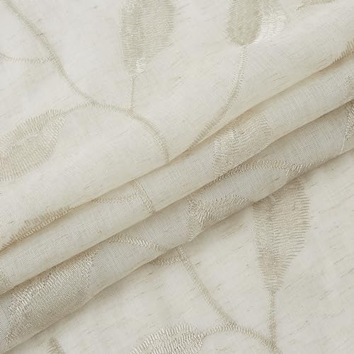 Bujasso White Floral Semi Sheer Curtains 84 Inch Embroidered Leaf Patterned Window Panels W77666