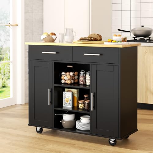 Shintenchi Kitchen Island with Drop Leaf, Rolling Cart with Storage, White T972