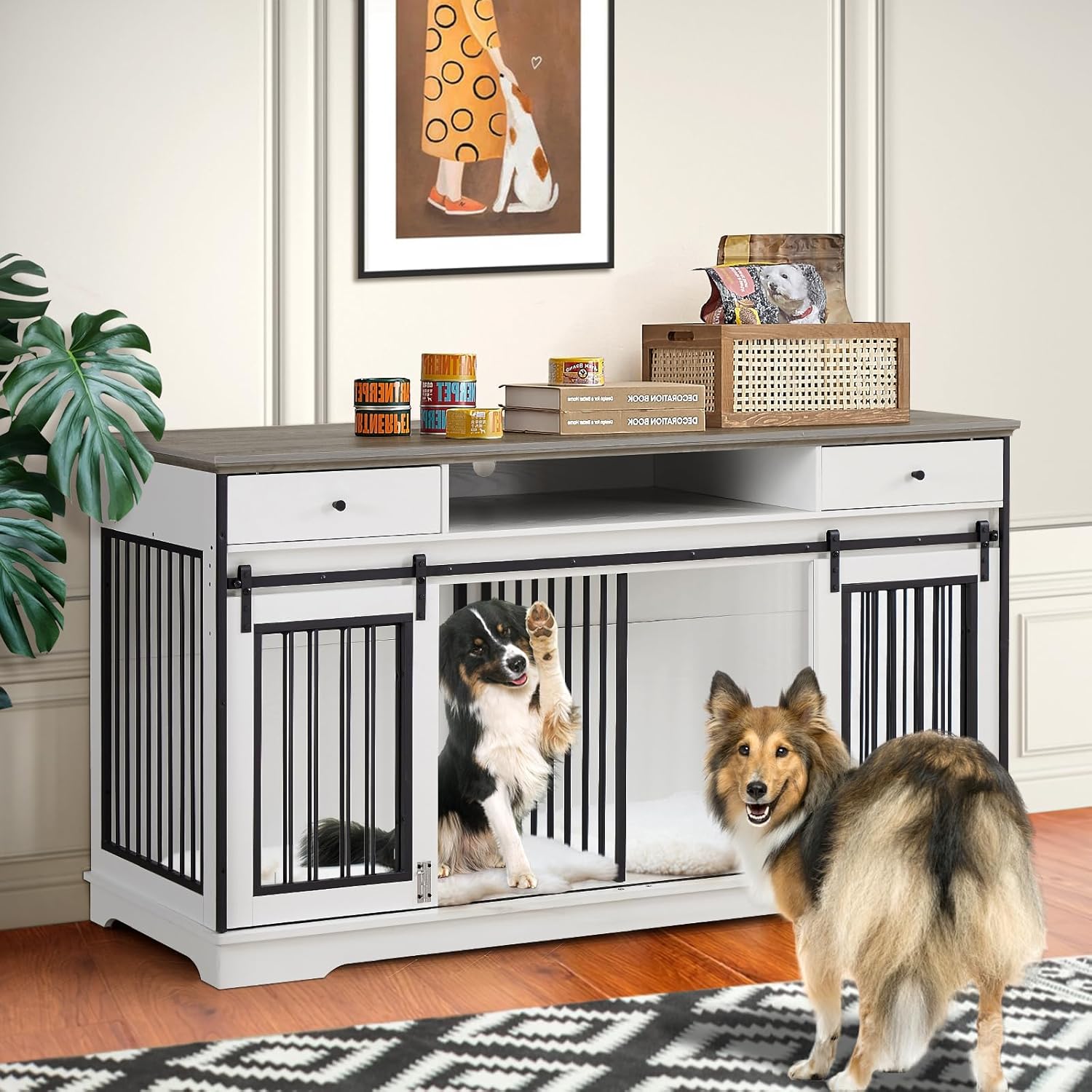 3-in-1 66.1 Inch Double Dog Crate Furniture for 2 Large Dogs, White Durable Double Dog Kennel TV Stand with Divider and 2 Drawers