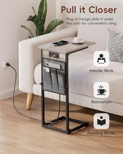 Vagusicc C Shaped End Table with Charging Station, Adjustable Height, Brown C747005