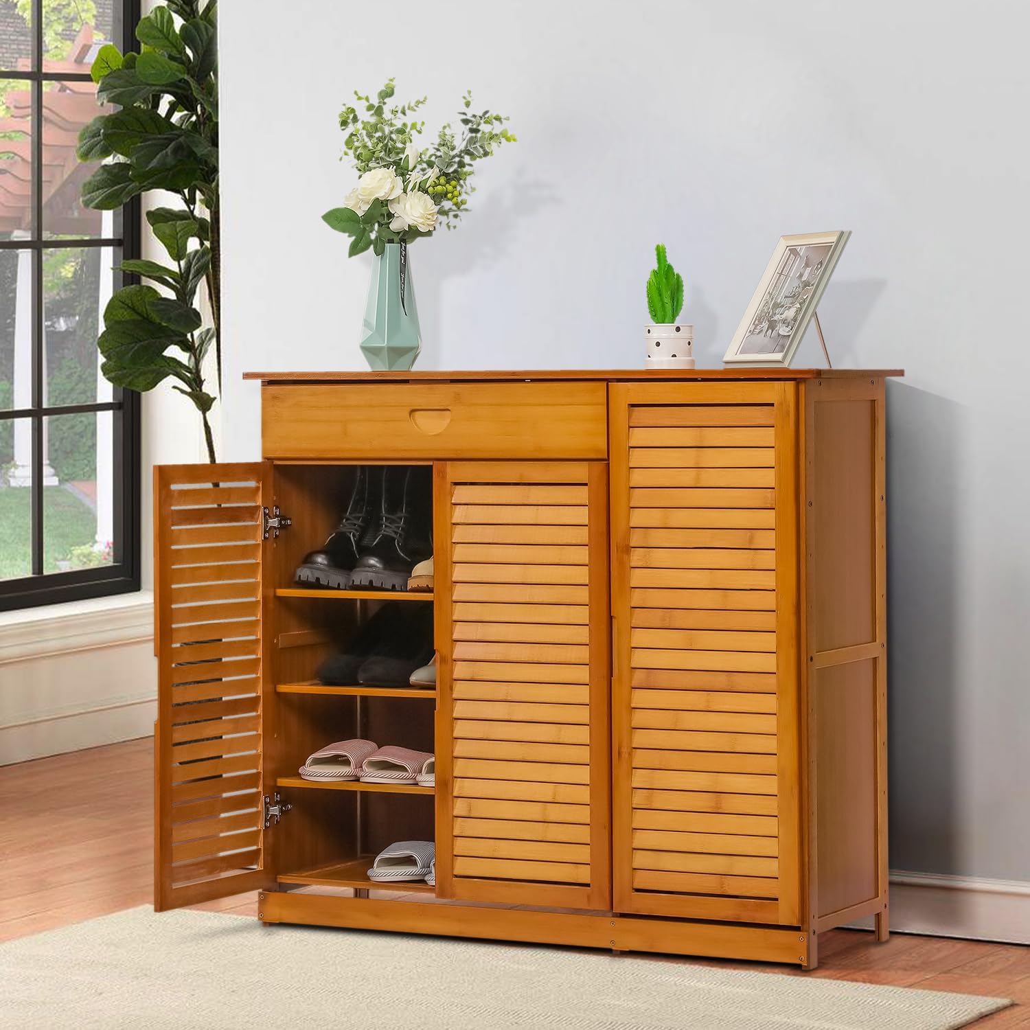Magshion 4 Tier Bamboo Shoe Storage Cabinet with Drawer & Shutter Door Y186967