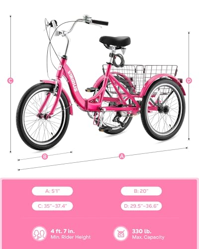 Viribus Folding Adult Tricycle 7 Speed, 20 Inch, 3 Wheel Bike, Deep Pink S660