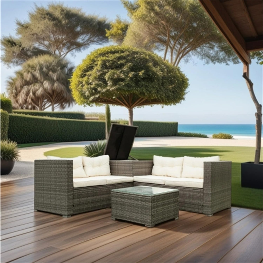 Grey 4-Piece Patio Wicker Rattan Sectional Sofa Set with Storage Box R300209